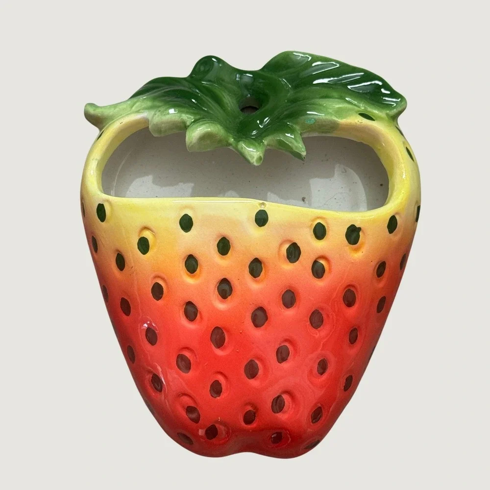 Vintage Ceramic Strawberry Wall Pocket Planter Red Yellow Fruit Kitsch Decor